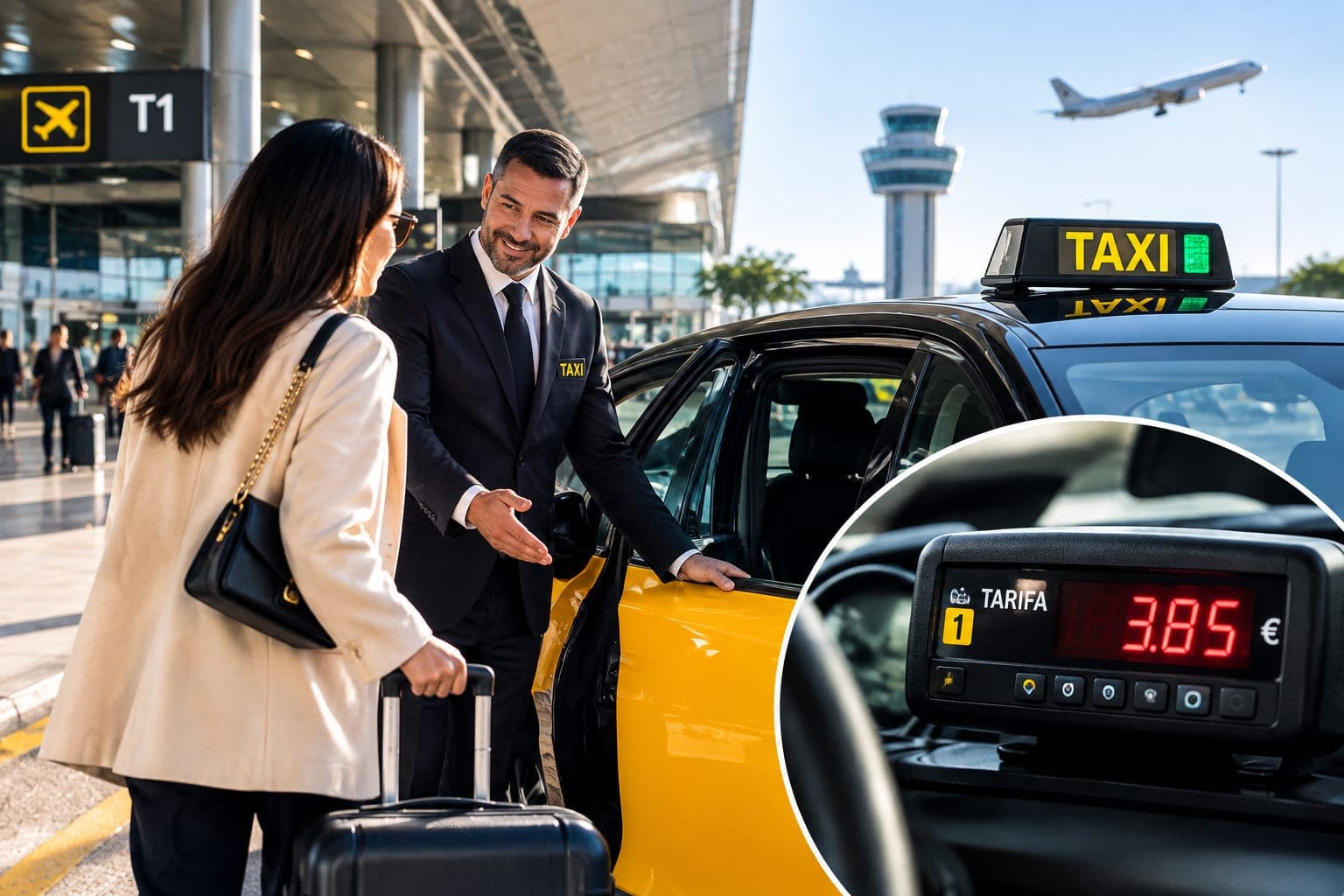 Licensed driver holding the taxi door open for a passenger at Terminal 1, the meter visible inside